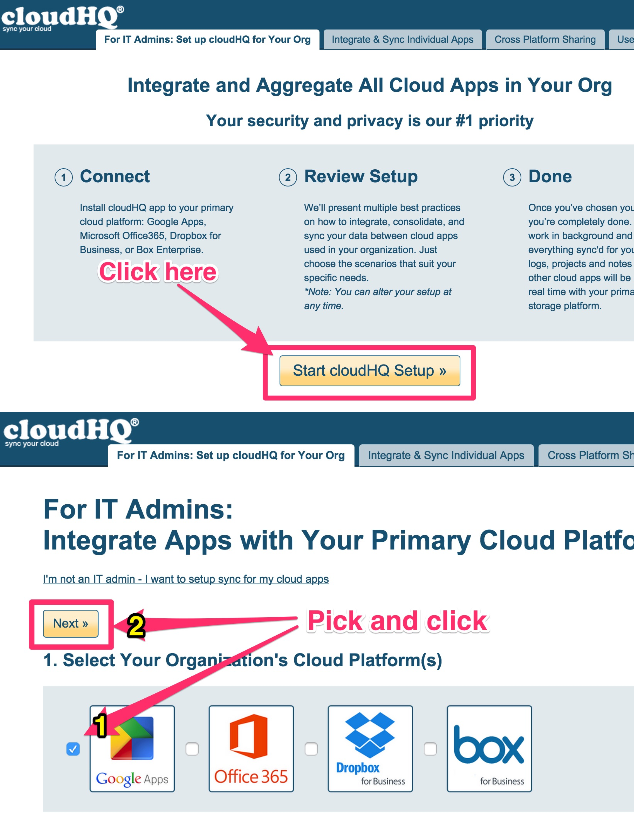Start cloudHQ Setup and click Next