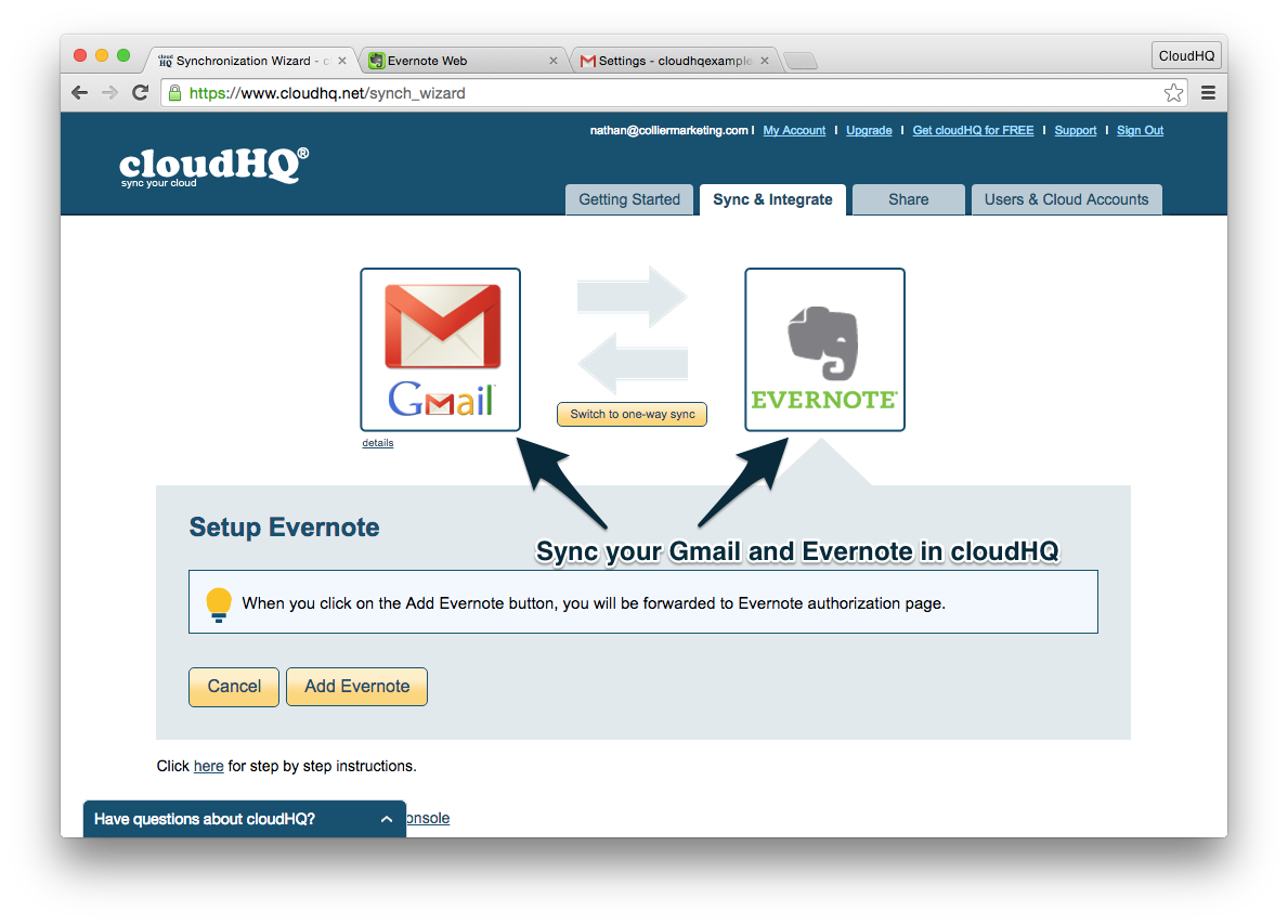 Step 7: Sync Gmail with Evernote in cloudHQ