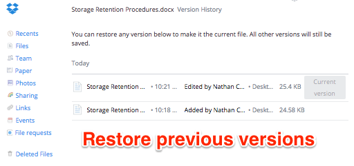 restore previous version dropbox