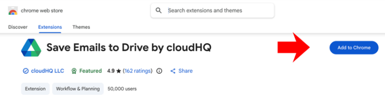 Save Emails to Google Drive extension page in the Chrome Web Store with the Add to Chrome button