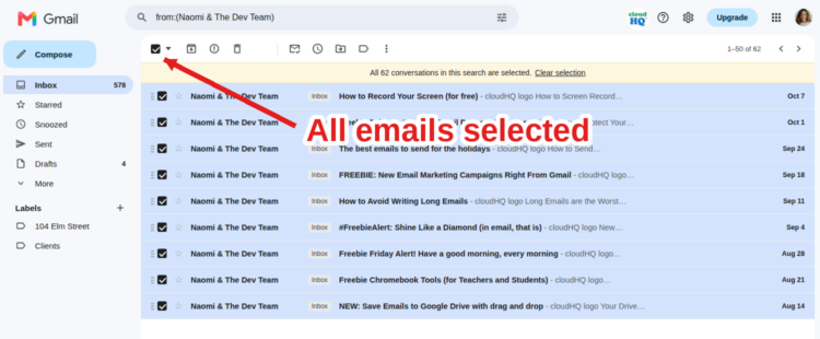 Gmail search results with every email selected using the Select all checkbox