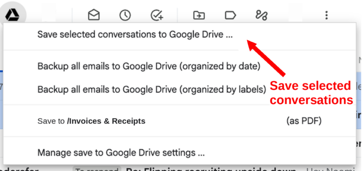 Save Emails to Google Drive menu in Gmail with options to save selected conversations, back up all emails by date or by label, save to the last-used folder as PDF, and manage settings