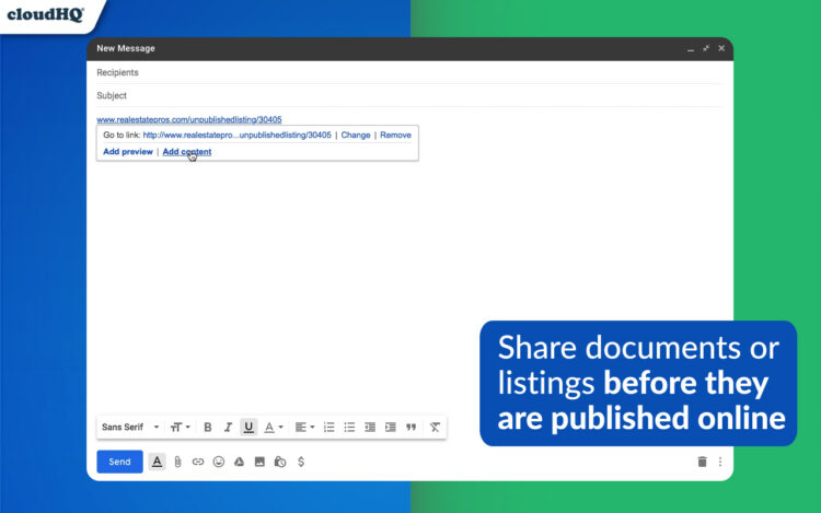 Gmail URL Link Preview menu showing Add preview and Add content options