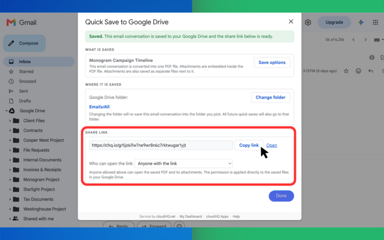 Save to Google Drive dialog with options to choose a folder, share the saved email with collaborators, or copy its link