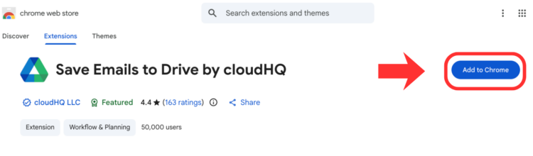 Save Emails to Google Drive listing in the Chrome Web Store with the Add to Chrome button