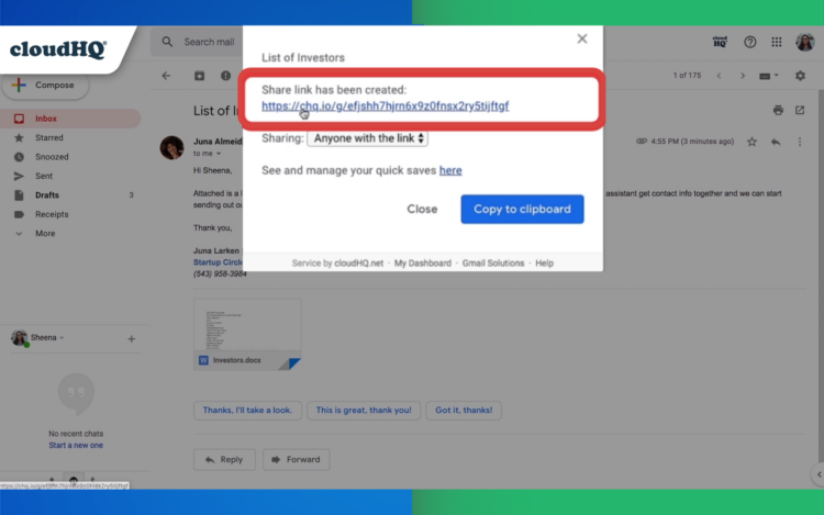 Confirmation message in Gmail showing the email was saved to Google Drive, with a link to the saved file