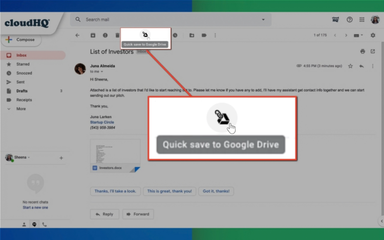 An open email in Gmail with the Google Drive icon in the toolbar and the Save to Google Drive option selected