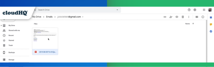 Google Drive showing the Emails folder with the saved email as a PDF named after the sender's address