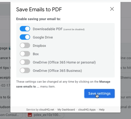 Export emails to Google Drive options