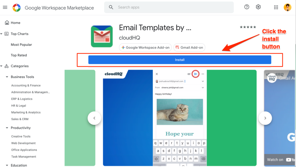 install button on the google marketplace for email templates by cloudHQ