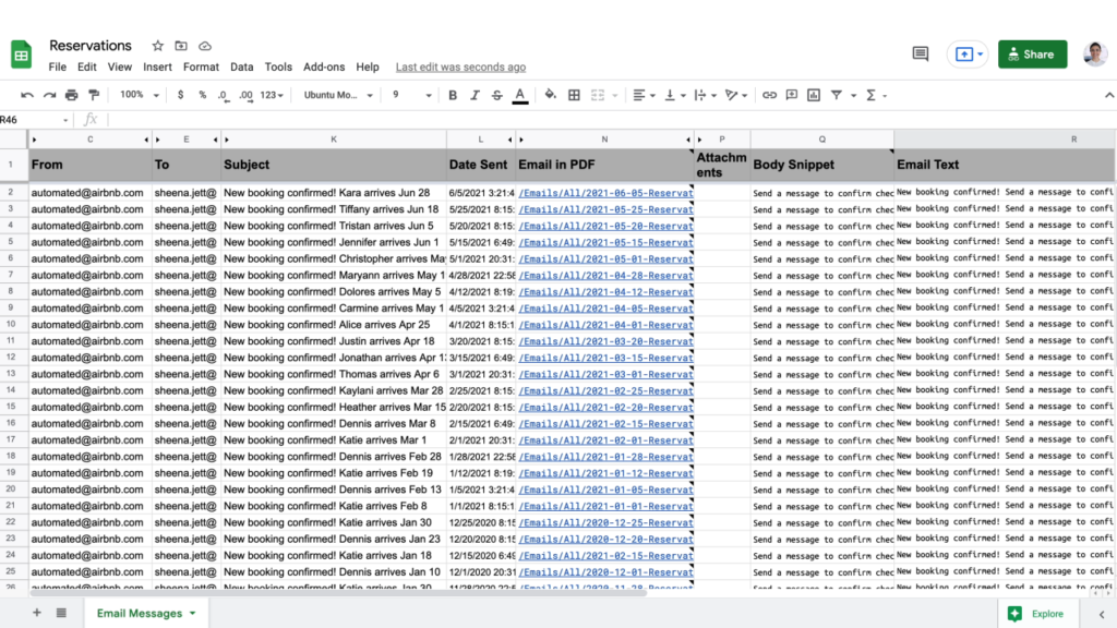 Your final spreadsheet with all your email sales confirmations: emails to sheets