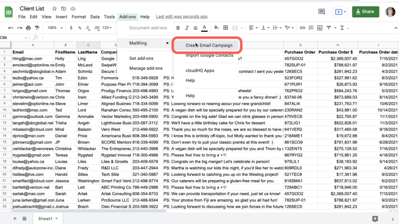 Google Sheet Add-ons, MailKing, Create an email campaign with mail merge for gmail