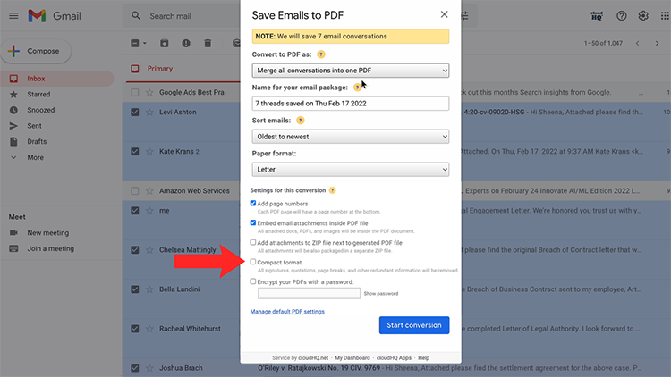 save emails to pdf compact format
