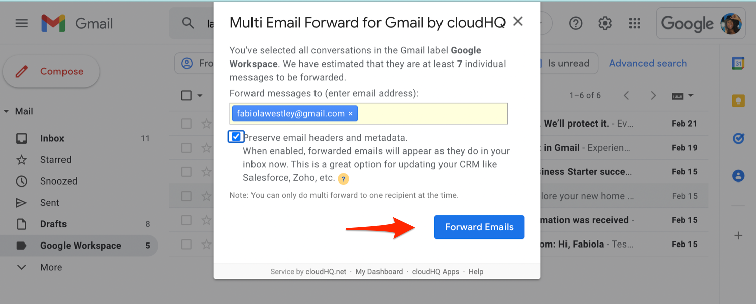 forward all emails in gmail label