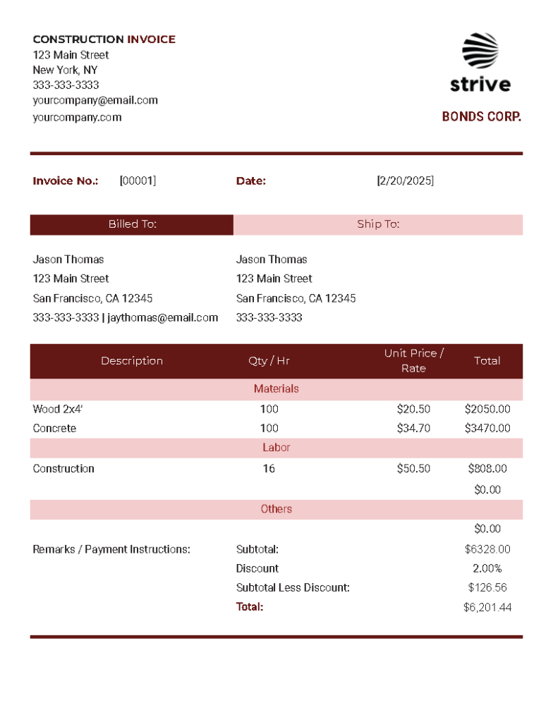 Construction Invoice Template in Google Docs