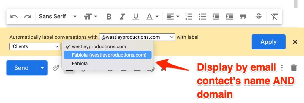 display by email recipient's name and domain in gmail label