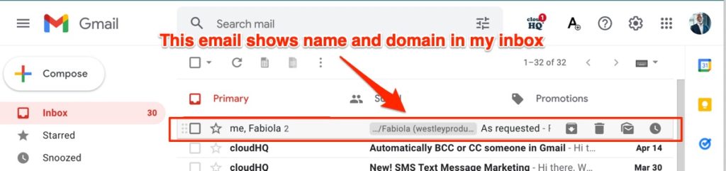 email name and domain in inbox