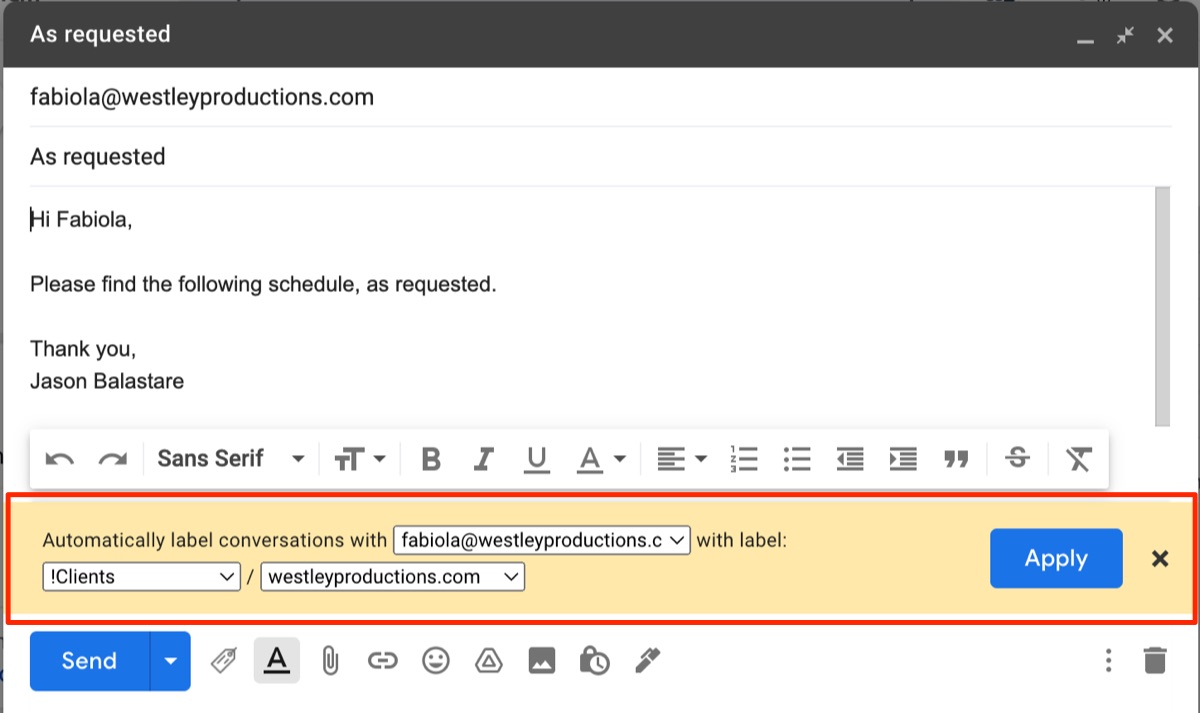 new gmail filter created for automated gmail label