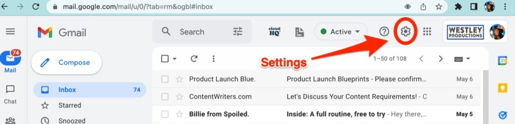 Settings gear in gmail