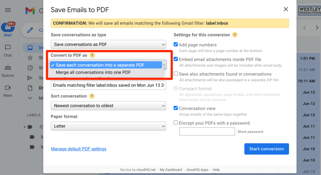 Merge emails into one PDF