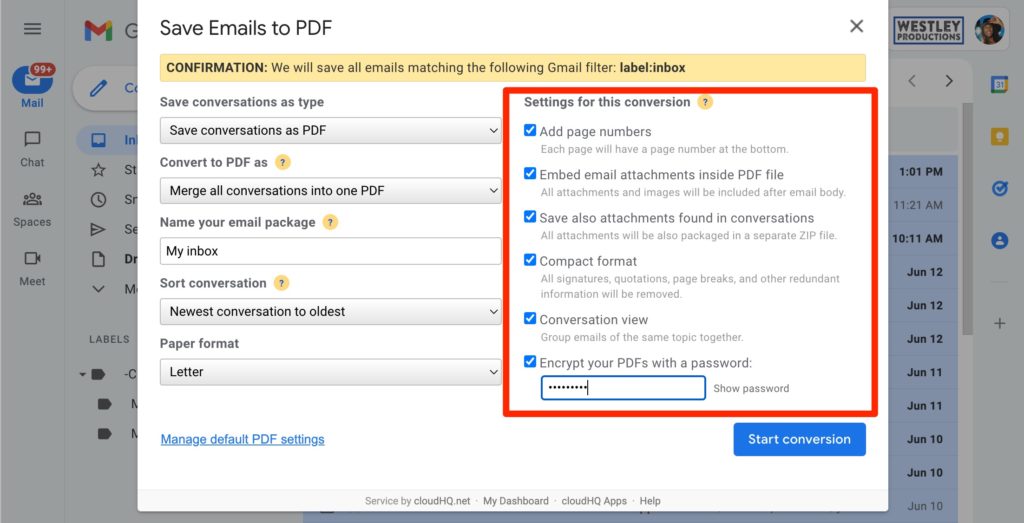 Settings for email to PDF conversion