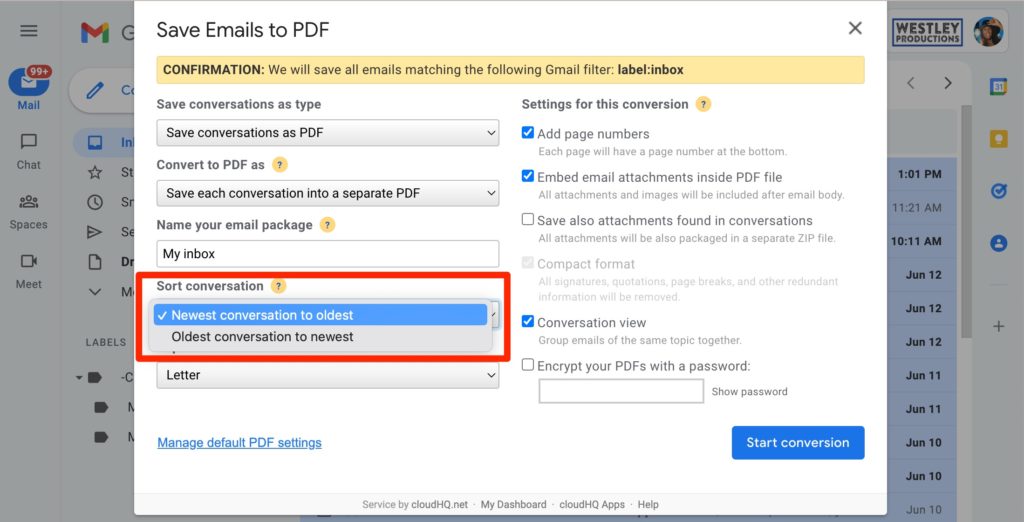 Sort emails by newest or oldest conversation view