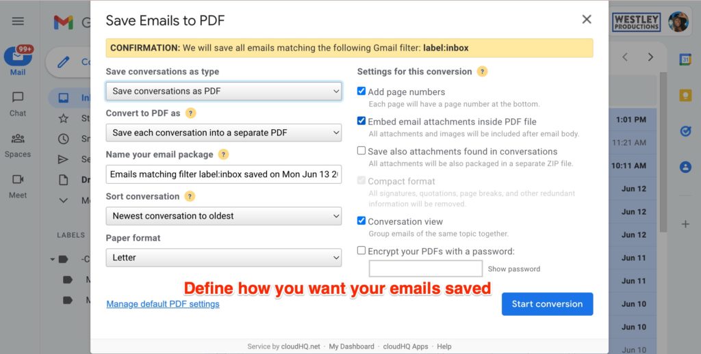 define how you want your emails saved