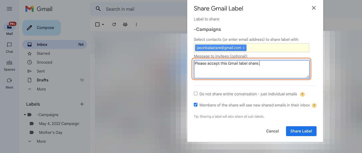Gmail label sharing