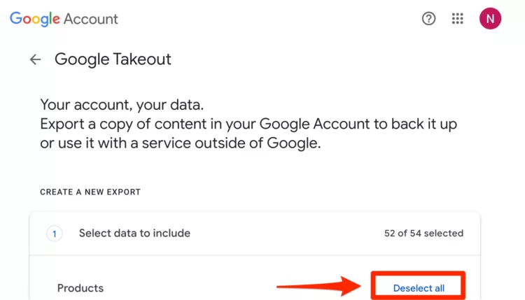 deselect all on google takeout