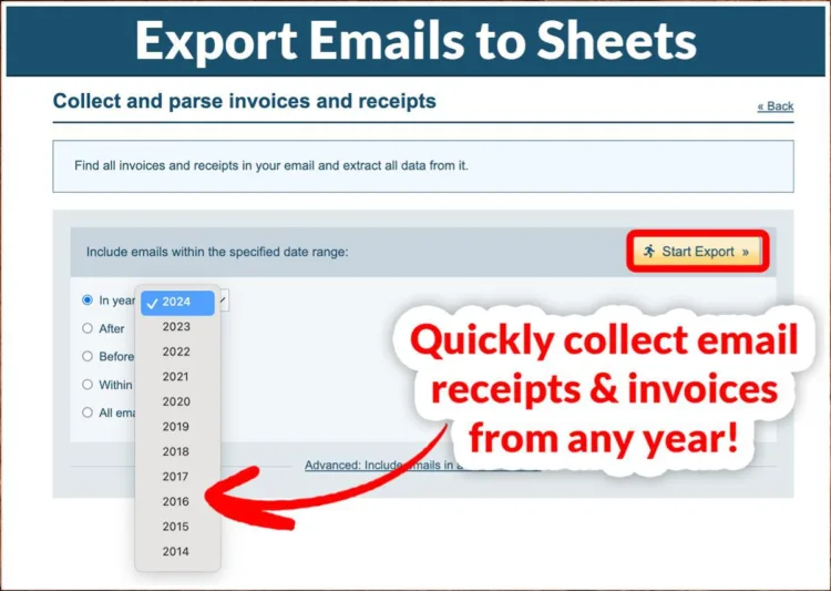 export emails to sheets for taxes by year