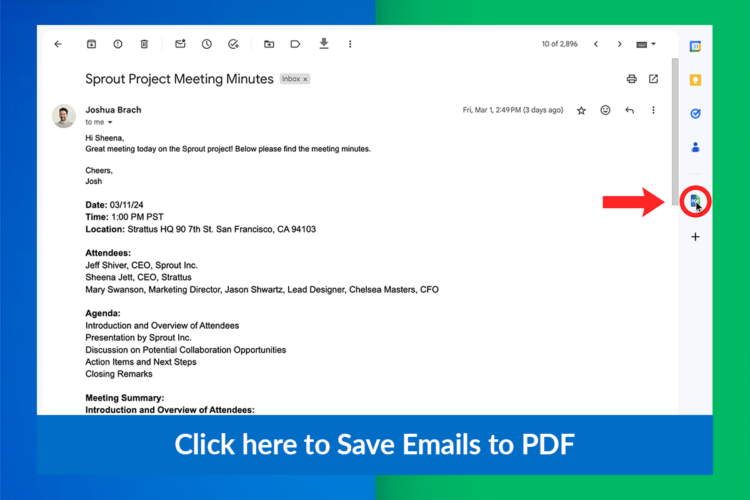 On desktop or laptop, you can easily save your email as PDF in 1 click by clicking on this new PDF icon on the right side of your email.