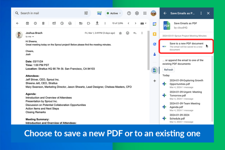 On desktop or laptop, save your email as PDF in a new document or append it to an existing PDF document. 