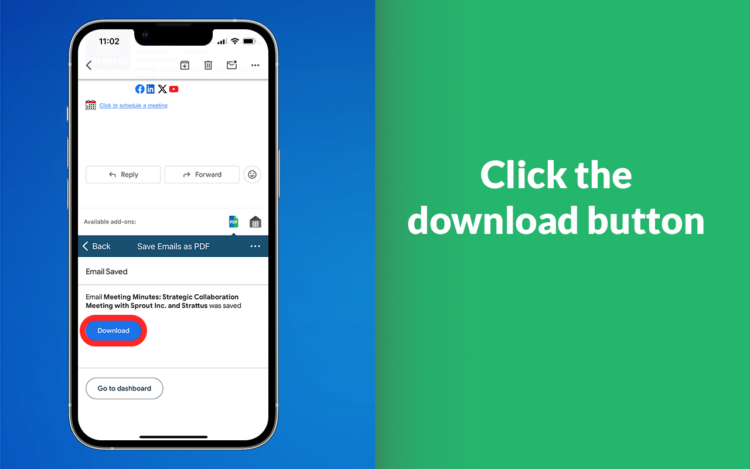 How to download a PDF on a mobile device by clicking on "download" in the "save email as pdf" app on the Google Marketplace Webstore