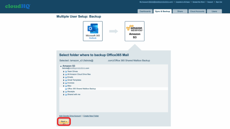 Final setup step showing selected backup folder.