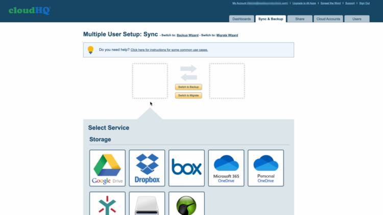 Sync setup wizard displaying various storage options.