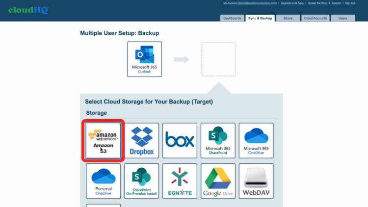 Amazon S3 selected as backup destination.