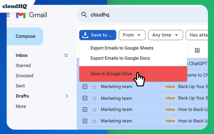 Click on Save to and select Save emails to Google Drive