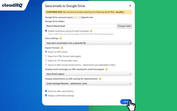 Save emails to Google Drive settings