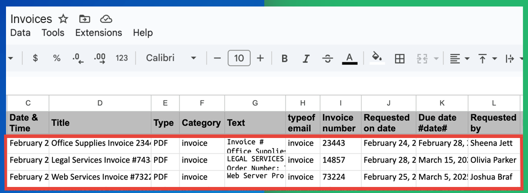 email spreadsheet of parsed data