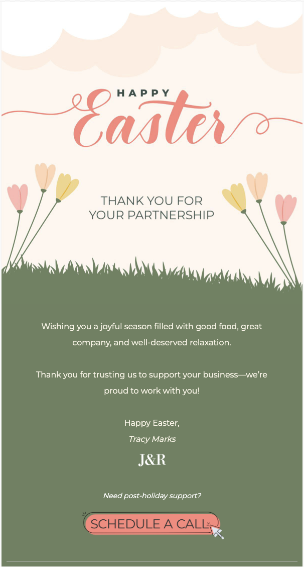 Easter email template with soft spring colors and a friendly seasonal greeting