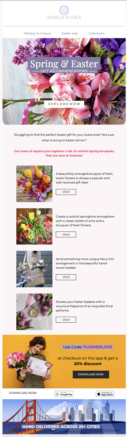 Easter florist marketing email template with flowers, spring colors, and promotional text
