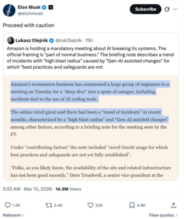 elon musk's comments on Amazon's outage