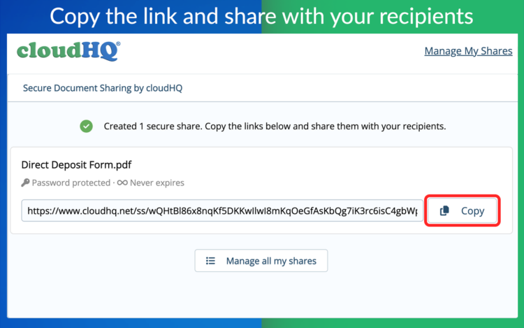 Copy secure share link for recipients