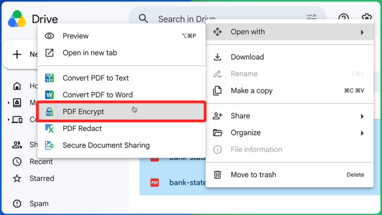 Right-click a PDF in Google Drive and choose Open with PDF Encrypt