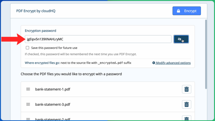 Enter a password to encrypt PDF files in Google Drive
