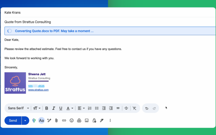 converting docx to pdf in gmail compose window