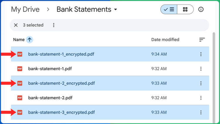 Encrypted PDF files saved automatically to Google Drive