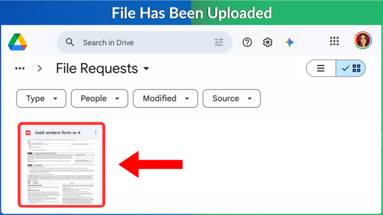 files organized automatically in a file request subfolder in google drive