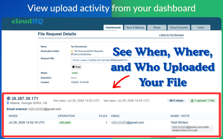dashboard tracking upload activity with ip address and timestamps