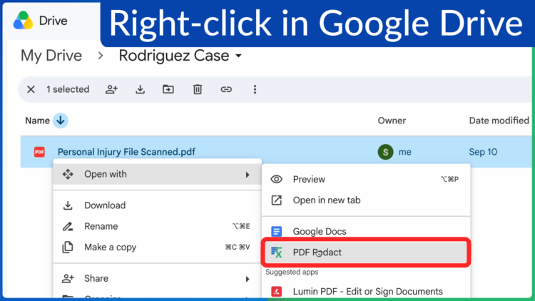 Right-clicking a scanned PDF in Google Drive and choosing PDF Redact
